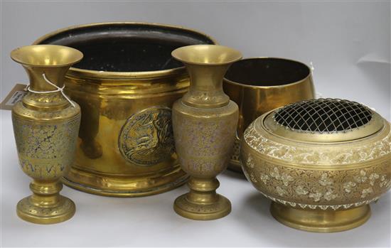 A collection of Indian and other brassware, including a jardiniere